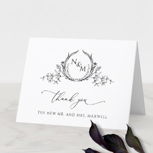 Carte De Remerciements Élégant Monogramme de Mariage Noir et Blanc