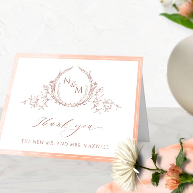 Carte De Remerciements Élégant Monogramme de pêche, Mariage d'aquarelle (Créateur téléchargé)