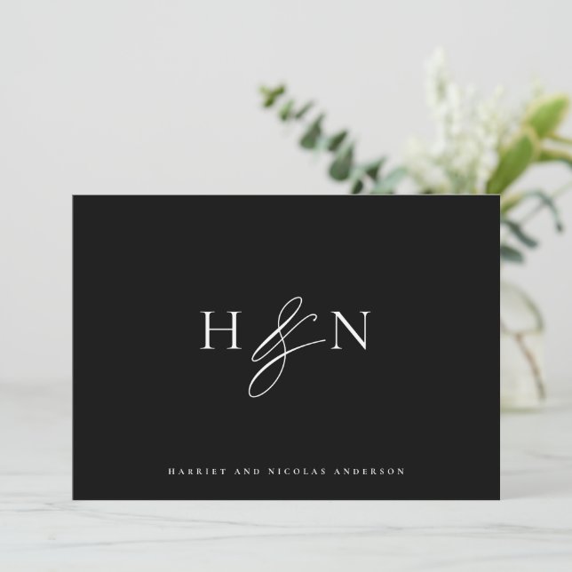 Carte De Remerciements Élégant Monogramme Mariage noir (Debout devant)