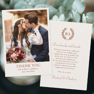 Carte De Remerciements Élégant Monogramme Photo Brûlé Orange Mariage