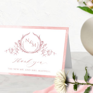 Carte De Remerciements Élégant Monogramme rose pâle, Mariage aquarelle