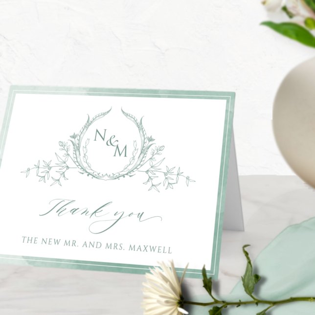 Carte De Remerciements Élégant Monogramme vert pâle, Mariage d'aquarelle (Créateur téléchargé)
