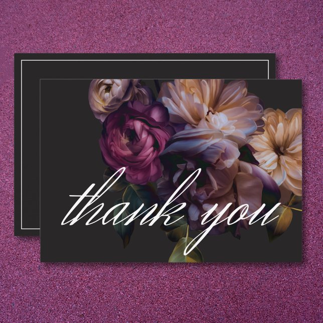 Carte De Remerciements Élégant Moody Noir Mariage Floral (Elegant Black Moody Floral Wedding Thank You Card)