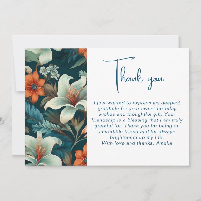 Carte De Remerciements Élégant Motif de feuillage de fleurs Anniversaire (Devant)