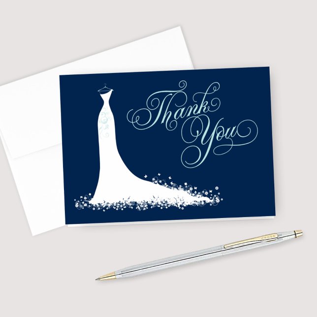 Carte De Remerciements Elegant Navy and Aqua Wedding Gown Bridal Shower (Créateur téléchargé)