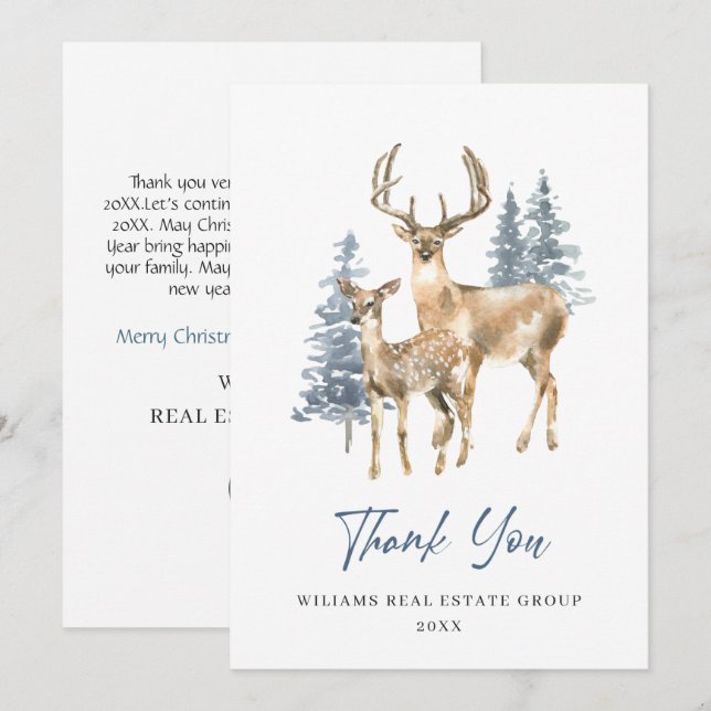 Carte De Remerciements Élégant Noël Cerf Pin Arbre Entreprise Vacances (Devant / Derrière)
