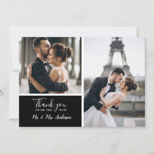 Carte De Remerciements Élégant noir 2 photo Mariage de collection