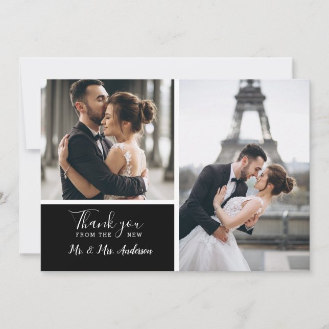 Carte De Remerciements Élégant noir 2 photo Mariage de collection (Devant)