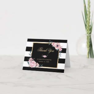 Carte De Remerciements Élégant noir et blanc rayé rose floral