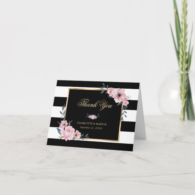 Carte De Remerciements Élégant noir et blanc rayé rose floral (Devant)