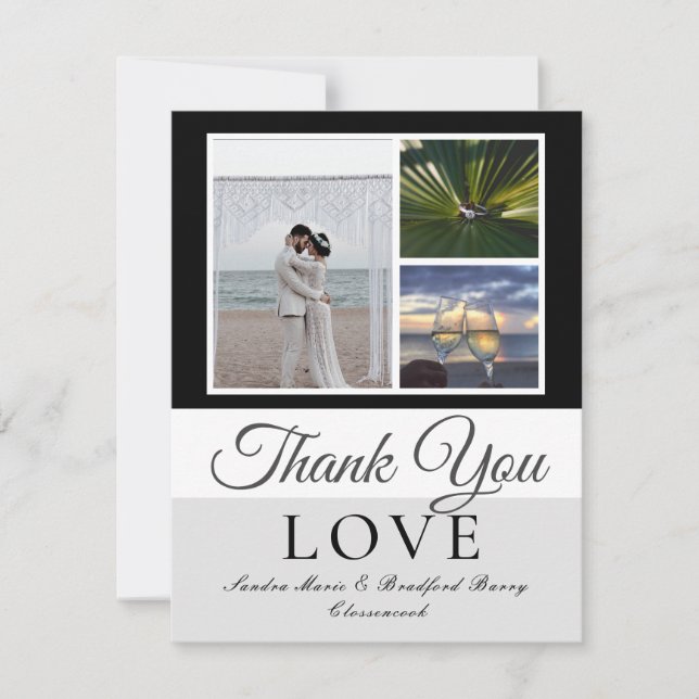 Carte De Remerciements Élégant noir gris script Mariage photo collage (Devant)