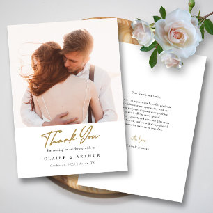 Carte De Remerciements Elégant noir & or signature Mariage photo