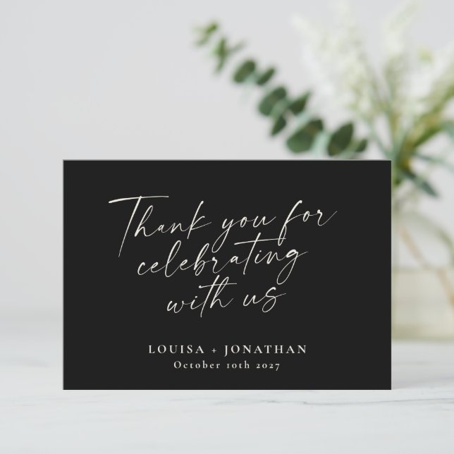 Carte De Remerciements Élégant Noir Script Custom Wedding Enclôture (Debout devant)