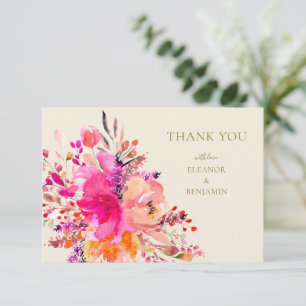 Carte De Remerciements Élégant Noms Personnalisés Fleuris Rose Chaud Mari