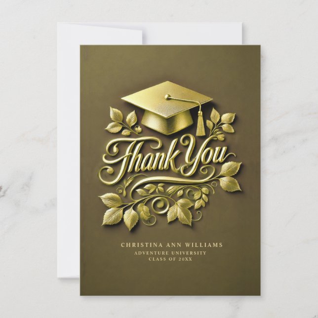 Carte De Remerciements Élégant Olive Green Gold Casquette Leaf Graduation (Devant)