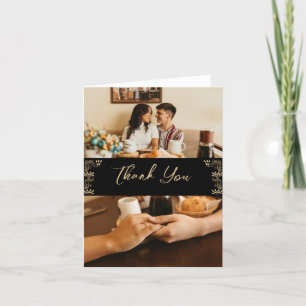 Carte De Remerciements Elégant or Art Déco sur noir, 2 photos mariage T