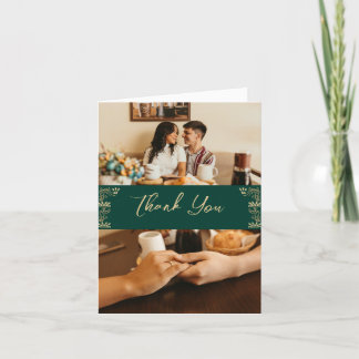 Carte De Remerciements Elégant or Art Déco sur vert, 2 photos mariage
