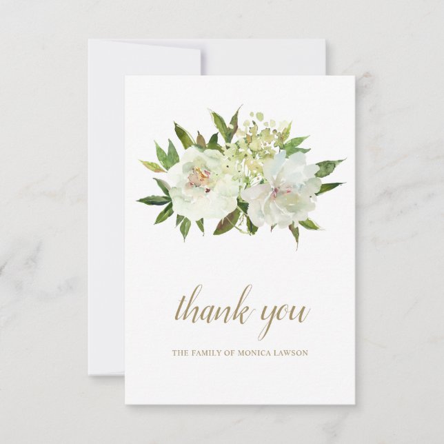 Carte De Remerciements Elégant Or Blanc Floral Moderne Funérailles (Devant)