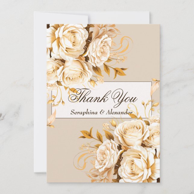 Carte De Remerciements Élégant or et Mariage floral ivoire (Devant)