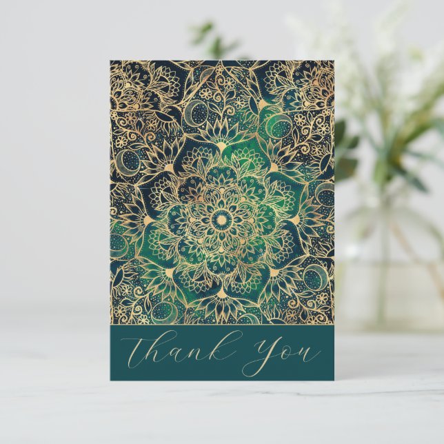 Carte De Remerciements Elégant or Mandala Floral Vert bleu (Debout devant)