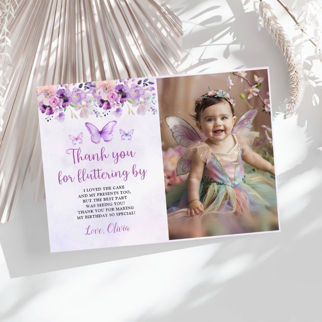 Carte De Remerciements Élégant papillon violet 1er anniversaire Photo (Créateur téléchargé)