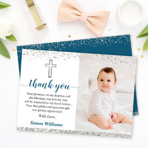 Carte De Remerciements Elégant Parties scintillant Argent Boy Baptism Pho
