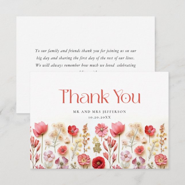 Carte De Remerciements Élégant Pastel Pink Bohemian Field Fleur sauvage (Devant / Derrière)