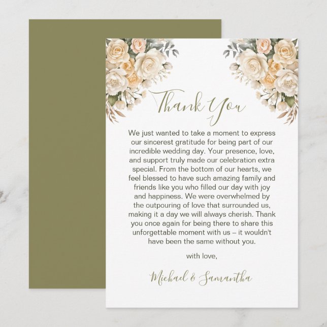 Carte De Remerciements Elegant Pearl White et ivoire Rose Mariage (Devant / Derrière)