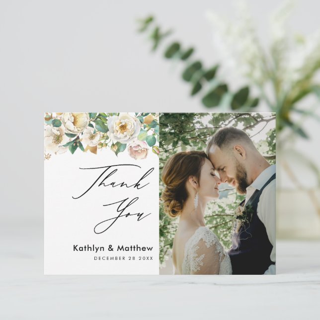 Carte De Remerciements Elégant Peony Floral Greenery Script Mariage photo (Debout devant)