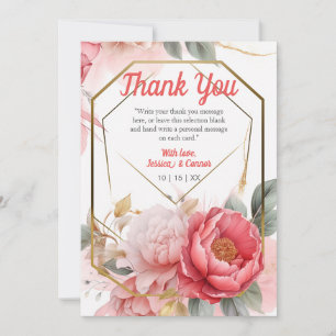 Carte De Remerciements Elégant Peony rose Aquarelle Mariage Gold Frame