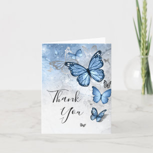 Carte De Remerciements Elégant Photo Argent Bébé Bleu Papillon plié