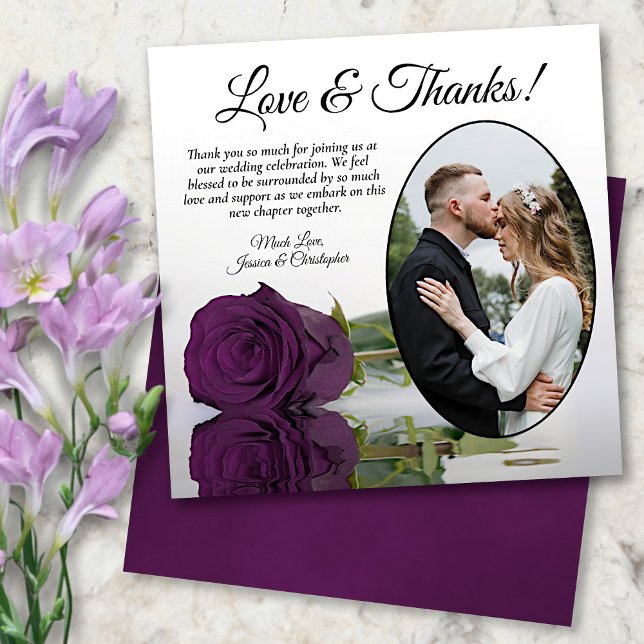 Carte De Remerciements Élégant Plum violet Rose Oval Photo Mariage (In Situ Front/Back)
