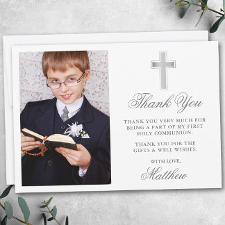 Carte De Remerciements Élégant Première Sainte Communion Photo Argent