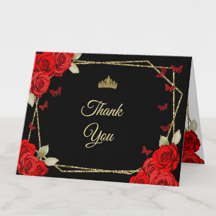 Carte De Remerciements Elégant Quinceanera Roses Noires Or Rouge
