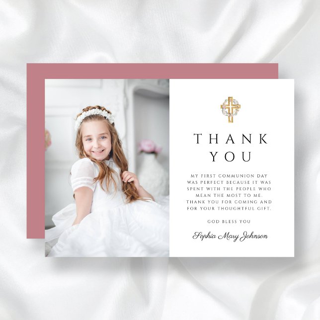 Carte De Remerciements Elégant Religieux Photo Première Communion (Elegant Religious Girl Photo First Communion Thank You Card)
