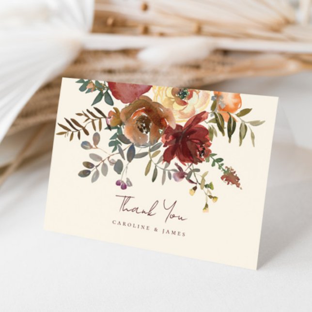 Carte De Remerciements Élégant Romantique automne Floral Mariage rouge (Créateur téléchargé)