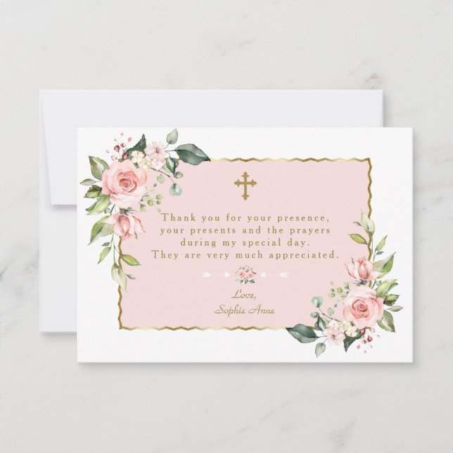 Carte De Remerciements Elégant rose Floral Gold Cross Boy Confirmation (Devant)
