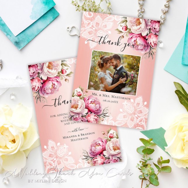 Carte De Remerciements Elégant Rose or aquarelle Floral Photo Mariage (Créateur téléchargé)