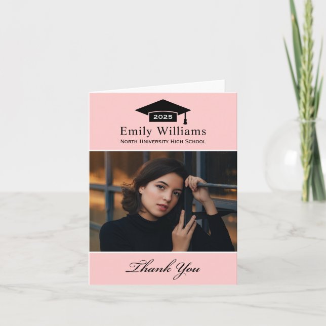 Carte De Remerciements Elégant rose personnalisé photo de graduation (Devant)