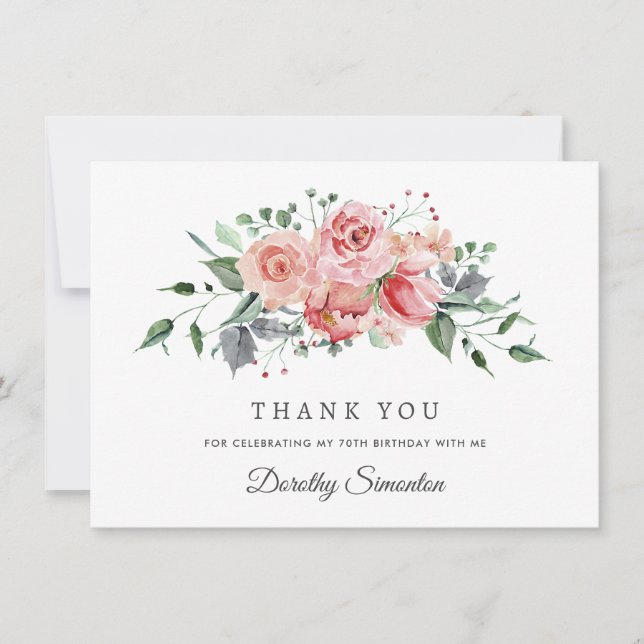 Carte De Remerciements Élégant rose rose florale 70e anniversaire Apparte (Devant)