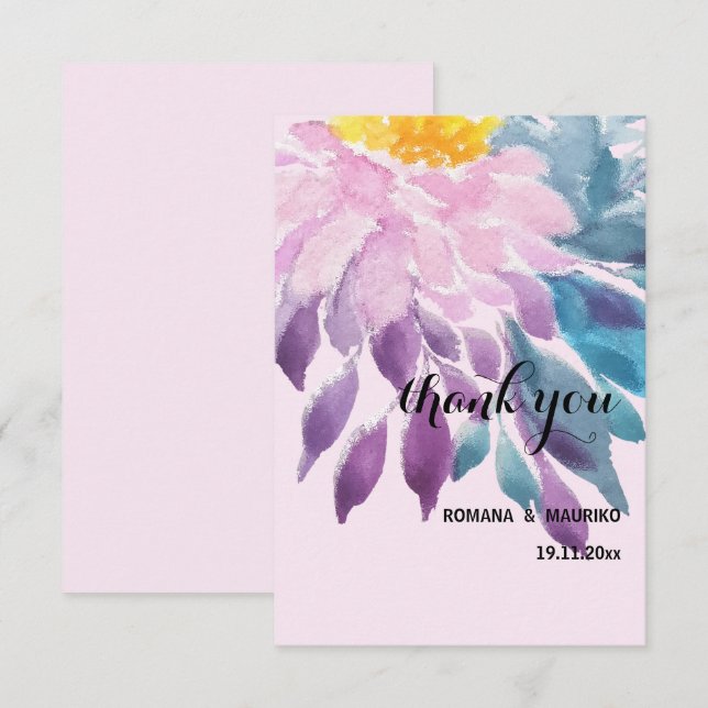 Carte De Remerciements Elégant rose violet bleu Dahlia Aquarelle Art (Devant / Derrière)