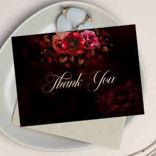 Carte De Remerciements Élégant rouge noir floral gothique Mariage