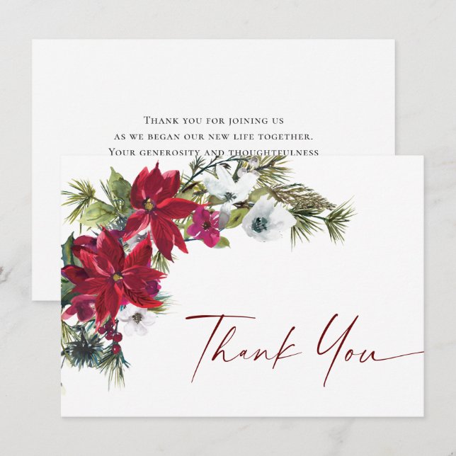 Carte De Remerciements Élégant Rouge Poinsettia Mariage de Noël hiver (Devant / Derrière)