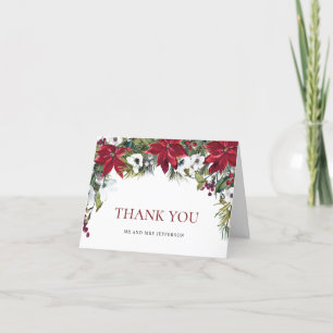 Carte De Remerciements Élégant Rouge Poinsettia Mariage de Noël hiver