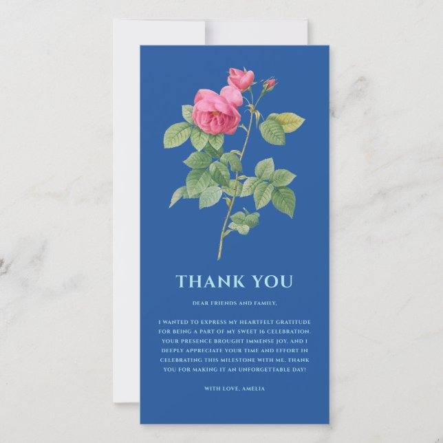 Carte De Remerciements Élégant Royal Blue Floral (Devant)