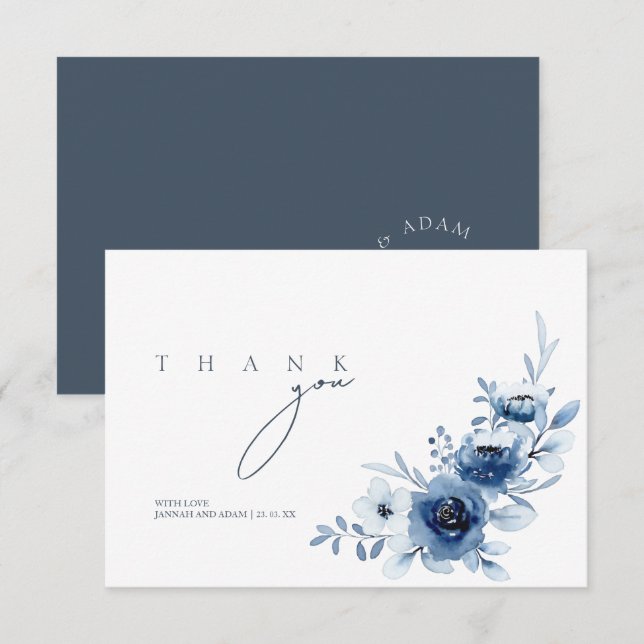 Carte De Remerciements Elégant Royal Blue Roses Floral Mariage (Devant / Derrière)
