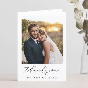 Carte De Remerciements Élégant Rustique Script Deux Photos Mariage Plié