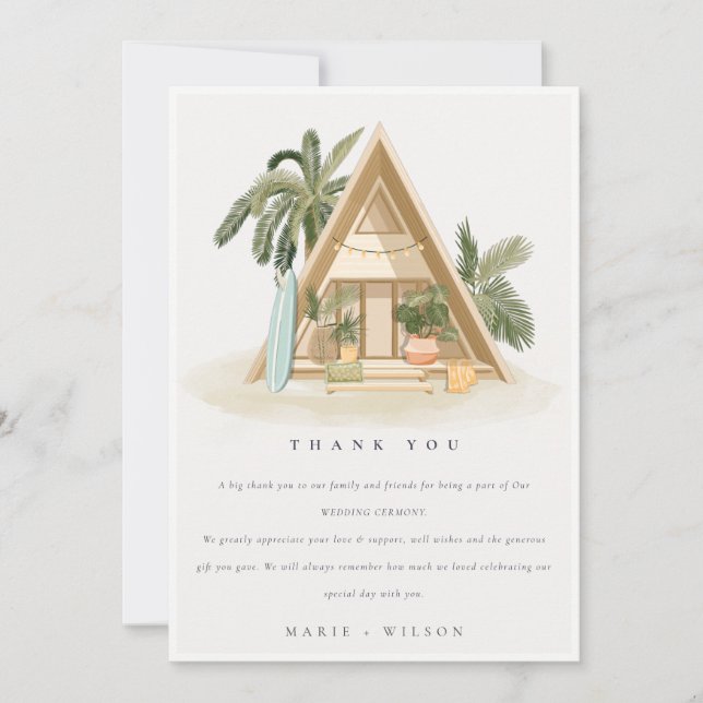 Carte De Remerciements Élégant Rustique Tropical Palm Beach Shack Mariage (Devant)