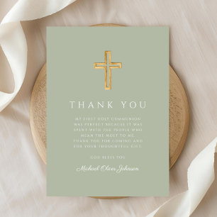 Carte De Remerciements Elégant Sage Green Croix religieuse Première commu