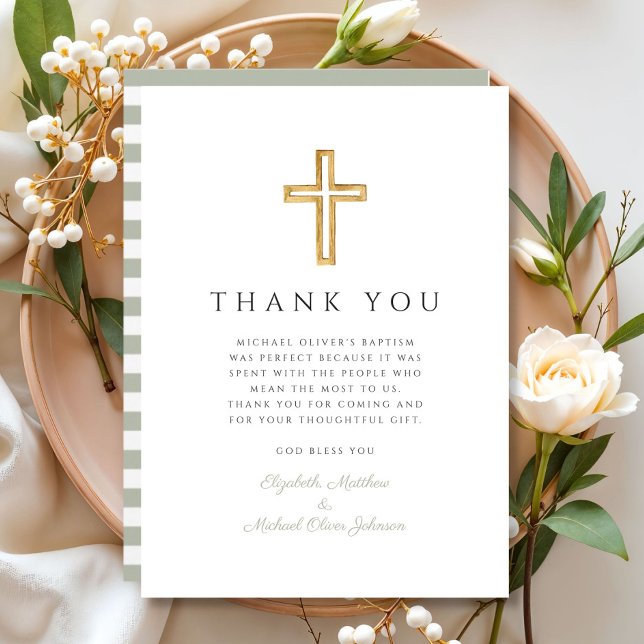 Carte De Remerciements Elegant Sage Green Cross Baptism (Elegant Sage Green Cross Baptism Thank You Card)